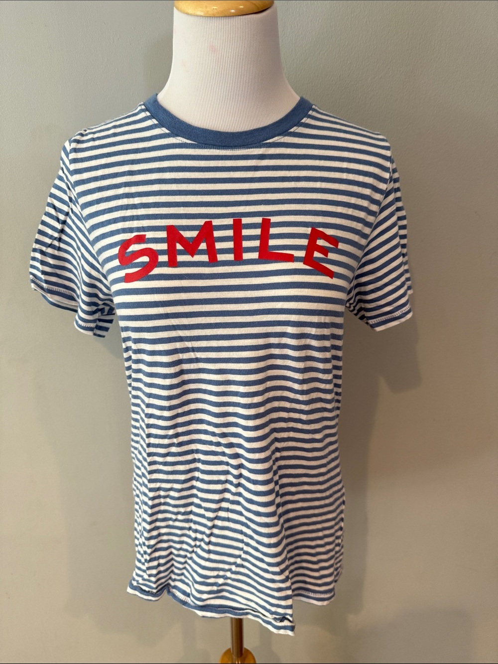 Jcrew women’s Blue & White Striped Short Sleeve Tee w Red 'SMILE' Graphic-M